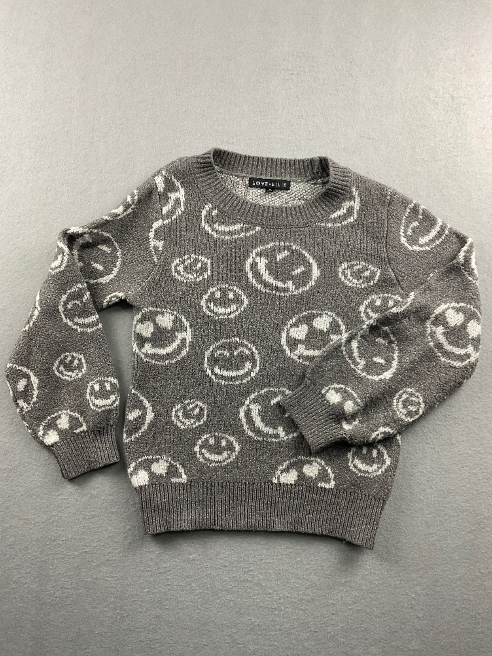 Girls Love Ellie Grey Smiley Face Sweater Size S (7/8)